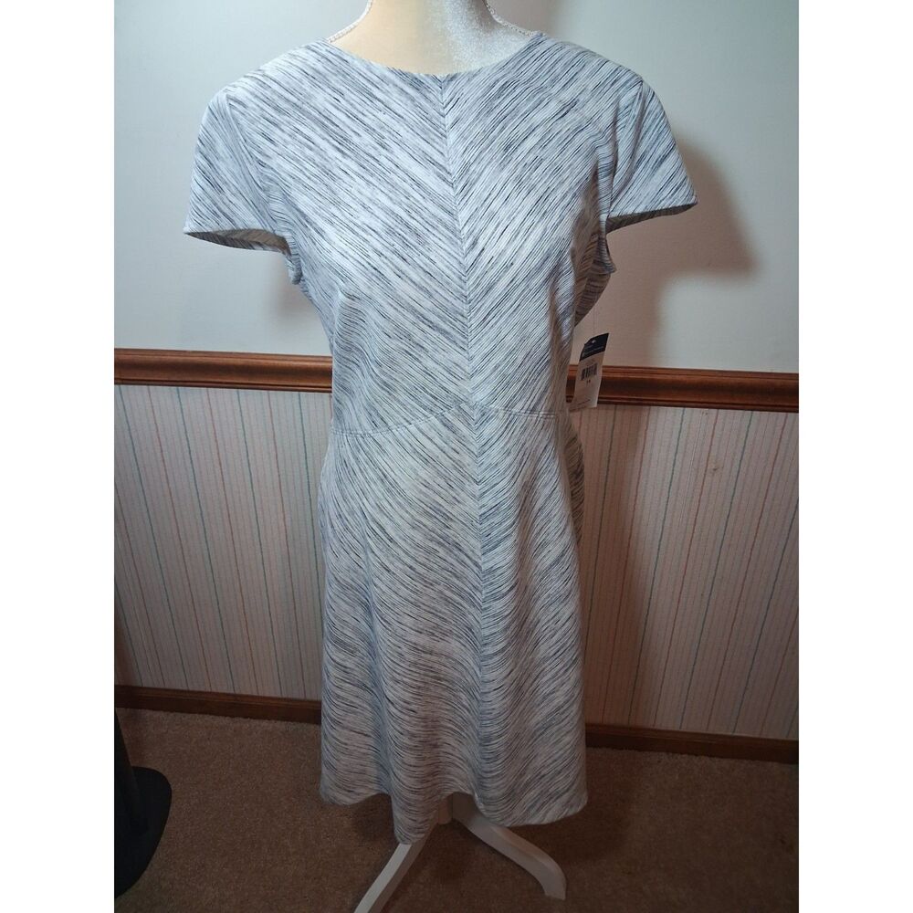 Chaps Basic Grey & White Tailored Asymmetric Classic Sheath Dress - Size 14 NWT